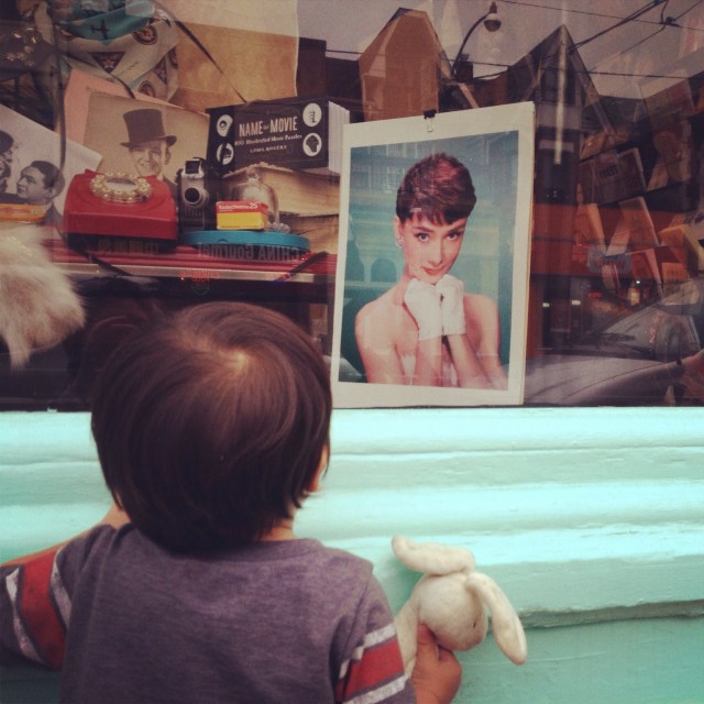 Sharing a look with Audrey on a walk around the neighborhood.