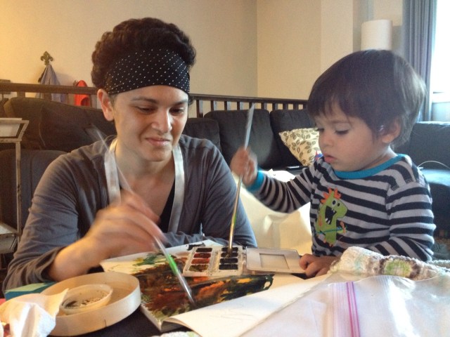 Working on an art project with Nate, and feeling punk rock in my studded bandana to cover the sutures.